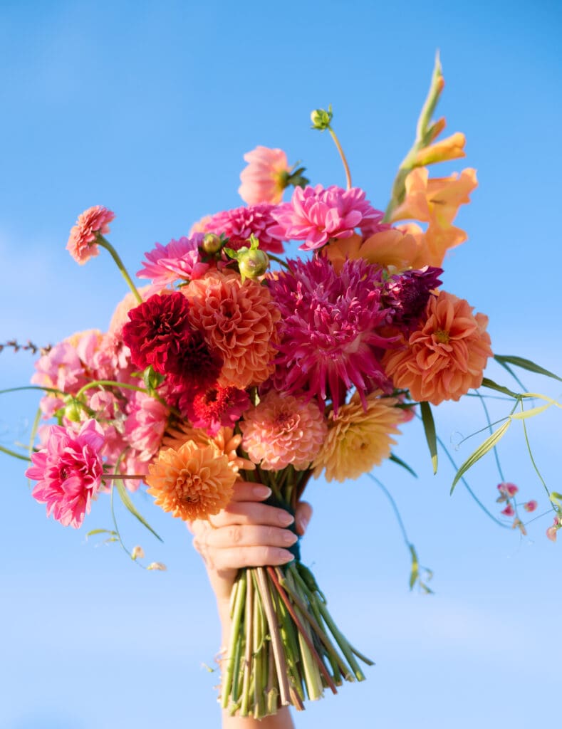 Bright Pink and Orange Wedding Bouquet by Bloom and Root, Julia Price Photography